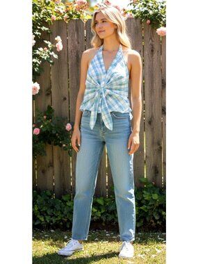 Veronica Beard Summer Halter Top Plaid Blue white Cotton backless size 4